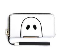 Jubonexis Cartera de piel sintética con diseño de fantasma flotante, con texto en inglés "Holding A Sign Boo", cartera larga y plegable, monedero, tarjetero duradero, almacenamiento de dinero para