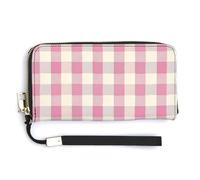 Jubonexis Cartera larga plegable de piel sintética a cuadros de color rosa claro y crema, monedero, funda para tarjetas de crédito, almacenamiento de dinero duradero para mujeres y hombres