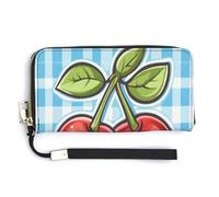 Jubonexis Cartera larga plegable de piel sintética con diseño de cerezas rojas sobre azul y blanco, monedero, tarjetero duradero, almacenamiento de dinero para mujeres y hombres