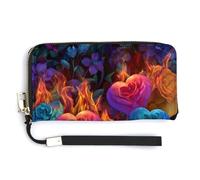 Jubonexis Cartera larga plegable de piel sintética con diseño de corazón de fuego con flores y rosas, monedero para tarjetas de crédito, almacenamiento de dinero duradero para mujeres y hombres