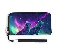 Jubonexis Cartera larga plegable de piel sintética con diseño de dos lobos en el acantilado de colores neón, monedero, funda para tarjetas de crédito, almacenamiento de dinero duradero para mujeres y