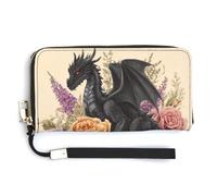 Jubonexis Cartera larga plegable de piel sintética con diseño de dragón negro posado en libros antiguos, flores, monedero, tarjetero, almacenamiento de dinero para mujeres y hombres