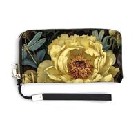 Jubonexis Cartera larga plegable de piel sintética con diseño de flor de peonía amarilla, dos libélulas, monedero, funda para tarjetas de crédito, almacenamiento de dinero duradero para mujeres y