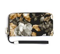 Jubonexis Cartera larga plegable de piel sintética con diseño de flores beige oscuro y doradas, monedero, funda para tarjetas de crédito, almacenamiento de dinero duradero para mujeres y hombres