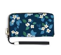 Jubonexis Cartera larga plegable de piel sintética con diseño de flores blancas y hojas en azul oscuro, monedero, tarjetero duradero, almacenamiento de dinero para mujeres y hombres
