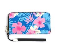 Jubonexis Cartera larga plegable de piel sintética con diseño de flores de hibisco, color rosa y azul oscuro, monedero para tarjetas de crédito, almacenamiento de dinero duradero para mujeres y
