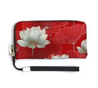 Jubonexis Cartera larga plegable de piel sintética con diseño de flores de loto blanco sobre hojas en rojo, monedero, funda para tarjetas de crédito, almacenamiento de dinero duradero para mujeres y