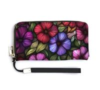 Jubonexis Cartera larga plegable de piel sintética con diseño de flores de petunia de vidrieras, monedero, funda para tarjetas de crédito, almacenamiento de dinero duradero para mujeres y hombres