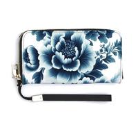 Jubonexis Cartera larga plegable de piel sintética con diseño de flores y follaje de color azul oscuro, monedero, tarjetero duradero, almacenamiento de dinero para mujeres y hombres