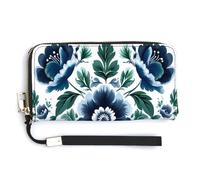 Jubonexis Cartera larga plegable de piel sintética con diseño de follaje de flores azul oscuro, monedero, funda para tarjetas de crédito, almacenamiento de dinero duradero para mujeres y hombres
