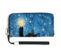 Jubonexis Cartera larga plegable de piel sintética con diseño de gato negro con una estrella dorada brillante, monedero para tarjetas de crédito, almacenamiento de dinero duradero para mujeres y