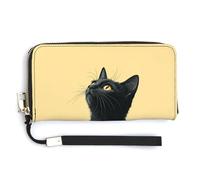 Jubonexis Cartera larga plegable de piel sintética con diseño de gato negro sentado en una maceta beige, monedero, funda para tarjetas de crédito, almacenamiento de dinero duradero para mujeres y