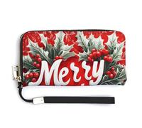 Jubonexis Cartera larga plegable de piel sintética con diseño de hojas de acebo y bayas de Feliz Navidad, monedero, tarjetero, almacenamiento de dinero para mujeres y hombres