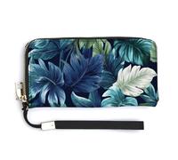 Jubonexis Cartera larga plegable de piel sintética con diseño de hojas tropicales azul oscuro y blanco, monedero para tarjetas de crédito, almacenamiento de dinero duradero para mujeres y hombres
