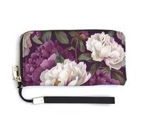 Jubonexis Cartera larga plegable de piel sintética con diseño de peonías de acuarela blanca y morada oscura, monedero, funda para tarjetas de crédito, almacenamiento de dinero duradero para mujeres y