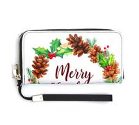 Jubonexis Cartera larga plegable de piel sintética con diseño de piñas de pino de Feliz Navidad, monedero, funda para tarjetas de crédito, almacenamiento de dinero duradero para mujeres y hombres