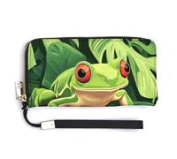 Jubonexis Cartera larga plegable de piel sintética con diseño de rana de árbol verde sobre hojas, monedero, funda para tarjetas de crédito, almacenamiento de dinero duradero para mujeres y hombres