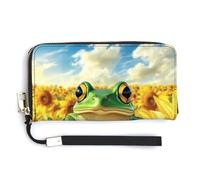 Jubonexis Cartera larga plegable de piel sintética con diseño de rana verde en el campo de girasoles, monedero, tarjetero duradero, almacenamiento de dinero para mujeres y hombres