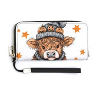 Jubonexis Cartera larga plegable de piel sintética con diseño de vaca de las Tierras Altas sentada en una gran calabaza naranja, monedero, tarjetero duradero, almacenamiento de dinero para mujeres y
