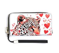 Jubonexis Cartera larga plegable de piel sintética con estampado de corazón rojo y rosa, diseño de leopardo, monedero, funda para tarjetas de crédito, almacenamiento de dinero duradero para mujeres y
