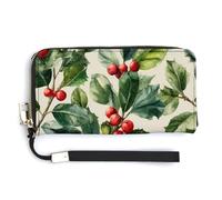 Jubonexis Cartera larga plegable de piel sintética con hojas de acebo y bayas de color verde acuarela, monedero, funda para tarjetas de crédito, almacenamiento de dinero duradero para mujeres y