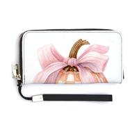 Jubonexis Cartera larga plegable de piel sintética con lazo rosa con diseño de calabaza redonda, monedero, funda para tarjetas de crédito, almacenamiento de dinero duradero para mujeres y hombres