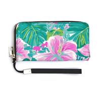 Jubonexis Cartera larga plegable de piel sintética con patrón de flores tropicales rosas, monedero, funda para tarjetas de crédito, almacenamiento de dinero duradero para mujeres y hombres