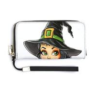 Jubonexis Cartera larga plegable de piel sintética con texto en inglés "Witch Holding Sign" de Halloween is Coming, monedero, tarjetero duradero, almacenamiento de dinero para mujeres y hombres