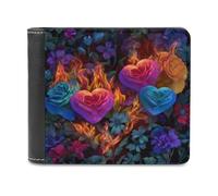 Jubonexis Cartera plegable de piel sintética suave con diseño de corazón de fuego con flores y rosas, monedero para tarjetas de crédito, tarjetero duradero para hombres y mujeres, almacenamiento de
