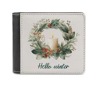 Jubonexis Cartera plegable de piel sintética suave con diseño de corona de ramas de pino, velas, bayas, Hello Winter