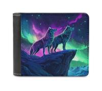 Jubonexis Cartera plegable de piel sintética suave con diseño de dos lobos en el acantilado de colores neón, monedero, funda para tarjetas de crédito, tarjetero duradero para hombres y mujeres