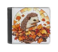 Jubonexis Cartera plegable de piel sintética suave con diseño de erizo y hojas caídas de vidrieras, monedero, funda para tarjetas de crédito, tarjetero duradero, billetera delgada para hombres y