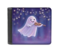 Jubonexis Cartera plegable de piel sintética suave con diseño de fantasmas voladores de dibujos animados tocando el violín, monedero, funda para tarjetas de crédito, cartera delgada duradera para
