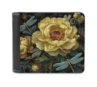 Jubonexis Cartera plegable de piel sintética suave con diseño de flor de peonía amarilla, dos libélulas, monedero, monedero, funda para tarjetas de crédito, tarjetero duradero, billetera delgada para