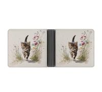 Jubonexis Cartera plegable de piel sintética suave con diseño de gatito caminando a través de flores silvestres, monedero, funda para tarjetas de crédito, tarjetero duradero, billetera delgada para