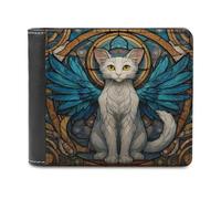 Jubonexis Cartera plegable de piel sintética suave con diseño de gato ángel con alas azules, monedero, funda para tarjetas de crédito, tarjetero duradero, billetera delgada para hombres y mujeres
