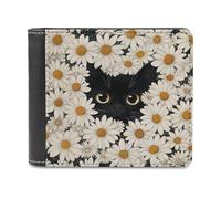 Jubonexis Cartera plegable de piel sintética suave con diseño de gato negro mirando desde margaritas blancas, monedero, funda para tarjetas de crédito, cartera delgada duradera para hombres y mujeres