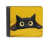 Jubonexis Cartera plegable de piel sintética suave con diseño de gato negro que mira desde el amarillo, monedero, funda para tarjetas de crédito, tarjetero duradero, billetera delgada para hombres y