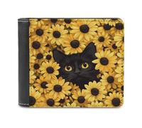 Jubonexis Cartera plegable de piel sintética suave con diseño de gato negro que mira desde los girasoles, monedero, funda para tarjetas de crédito, tarjetero duradero, billetera delgada para hombres y