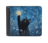 Jubonexis Cartera plegable de piel sintética suave con diseño de gato negro sosteniendo una estrella dorada brillante, monedero, funda para tarjetas de crédito, cartera delgada duradera para hombres y