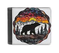 Jubonexis Cartera plegable de piel sintética suave con diseño de oso de vidrieras caminando sobre madera, monedero, funda para tarjetas de crédito, tarjetero duradero, billetera delgada para hombres y
