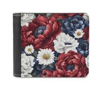 Jubonexis Cartera plegable de piel sintética suave con diseño de peonías de acuarela, color rojo oscuro, azul y blanco, monedero, monedero, tarjeta de crédito, billetera delgada duradera para hombres