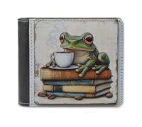 Jubonexis Cartera plegable de piel sintética suave con diseño de rana verde en pila de libros pesados, monedero, funda para tarjetas de crédito, tarjetero duradero, billetera delgada para hombres y