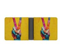Jubonexis Cartera plegable de piel sintética suave con diseño de signo de la paz, grafiti de mano en color amarillo, monedero, funda para tarjetas de crédito, cartera delgada duradera para hombres y
