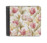 Jubonexis Cartera plegable de piel sintética suave con diseño de tulipanes rosas con follaje amarillo, monedero, funda para tarjetas de crédito, tarjetero duradero, billetera delgada para hombres y