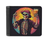 Jubonexis Cartera plegable de piel sintética suave con figura de esqueleto con diseño de cerveza, monedero, funda para tarjetas de crédito, tarjetero duradero, billetera delgada para hombres y mujeres