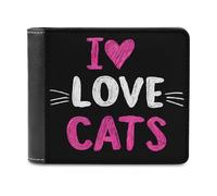 Jubonexis Cartera plegable de piel sintética suave con texto en inglés "I Love Cats" con diseño de corazón rosa, monedero, funda para tarjetas de crédito, billetera delgada duradera para hombres y