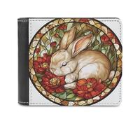 Jubonexis Cartera plegable de piel sintética suave, diseño de conejito durmiendo con flores rojas y vidrieras, monedero, funda para tarjetas de crédito, tarjetero duradero, billetera delgada para