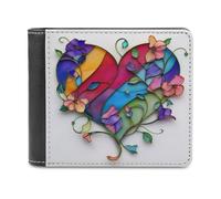 Jubonexis Cartera plegable de piel sintética suave, diseño de corazón con vides y flores de vidrieras, monedero, tarjetero, duradero, billetera delgada para hombres y mujeres, almacenamiento de dinero