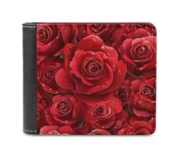 Jubonexis Cartera plegable de piel sintética suave, diseño de rosas rojas con gotas de rocío, monedero, funda para tarjetas de crédito, tarjetero duradero, billetera delgada para hombres y mujeres